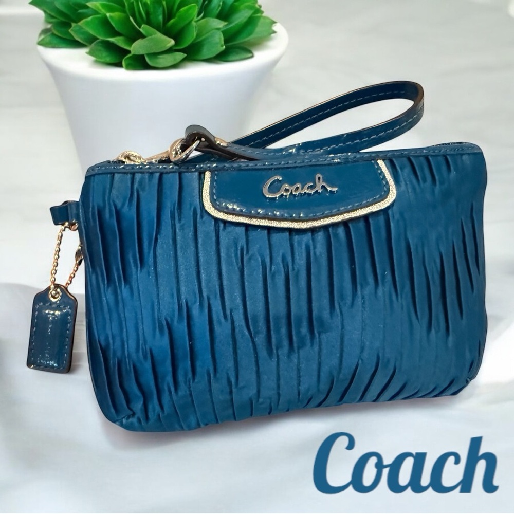 Coach Blue & Silver Satin & Leather Amanda Gathered Clutch Wristlet EUC